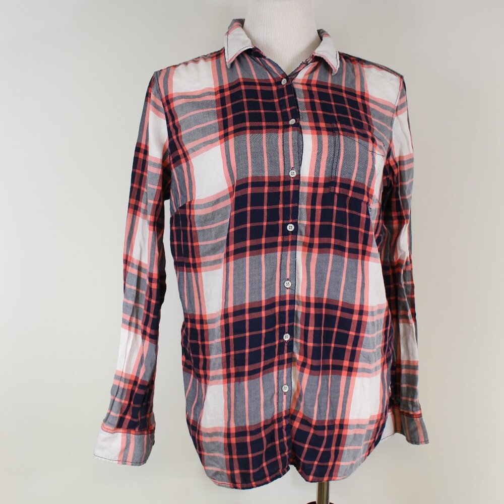 Stylus Plaid Button Down Shirt Large Pink Navy Plaid Lightweight Popover